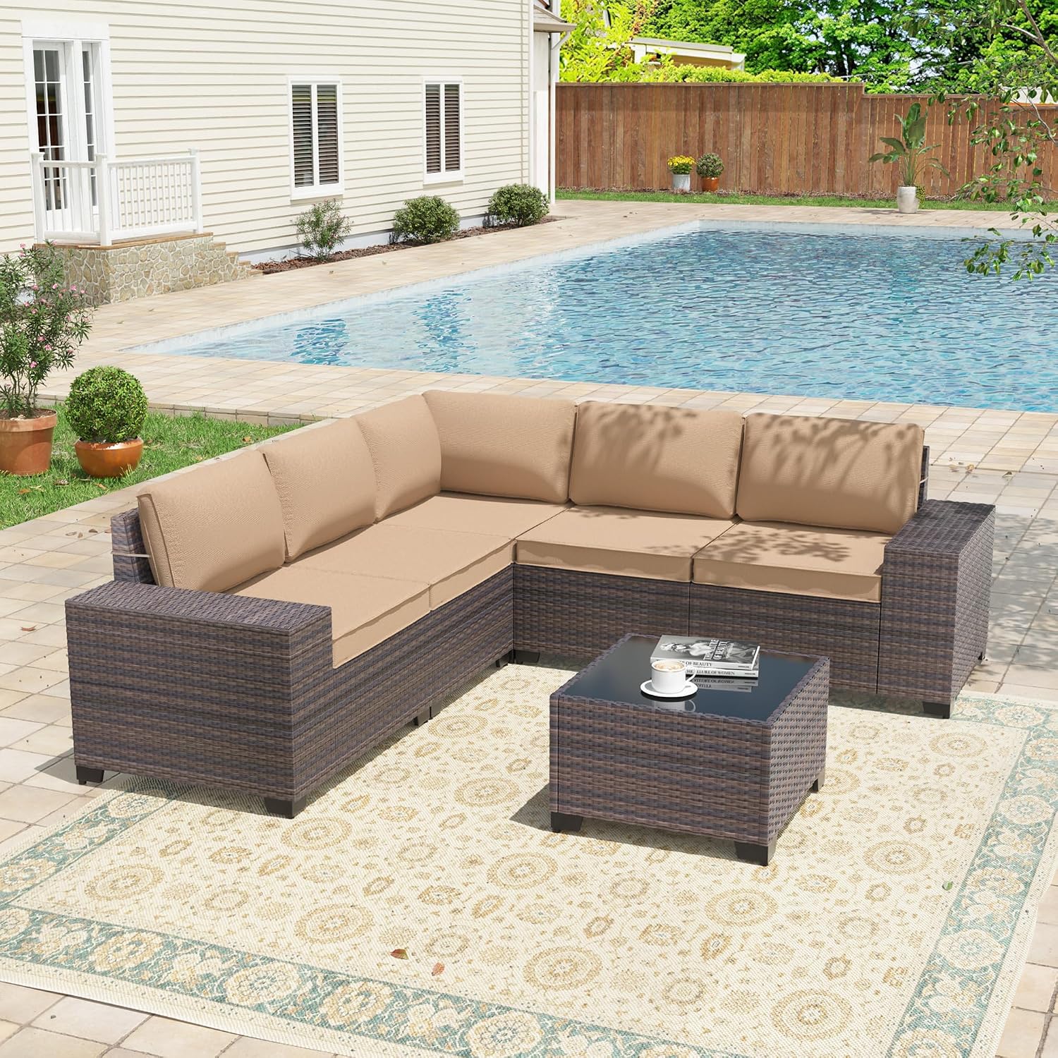 6 Pieces Patio Furniture Sets with Glass Tea Table,PE Rattan Wicker Patio Conversation Set with Washable Cushions,Outdoor Patio Sectional Furniture Set for Backyard, Poolside, Garden,Sand