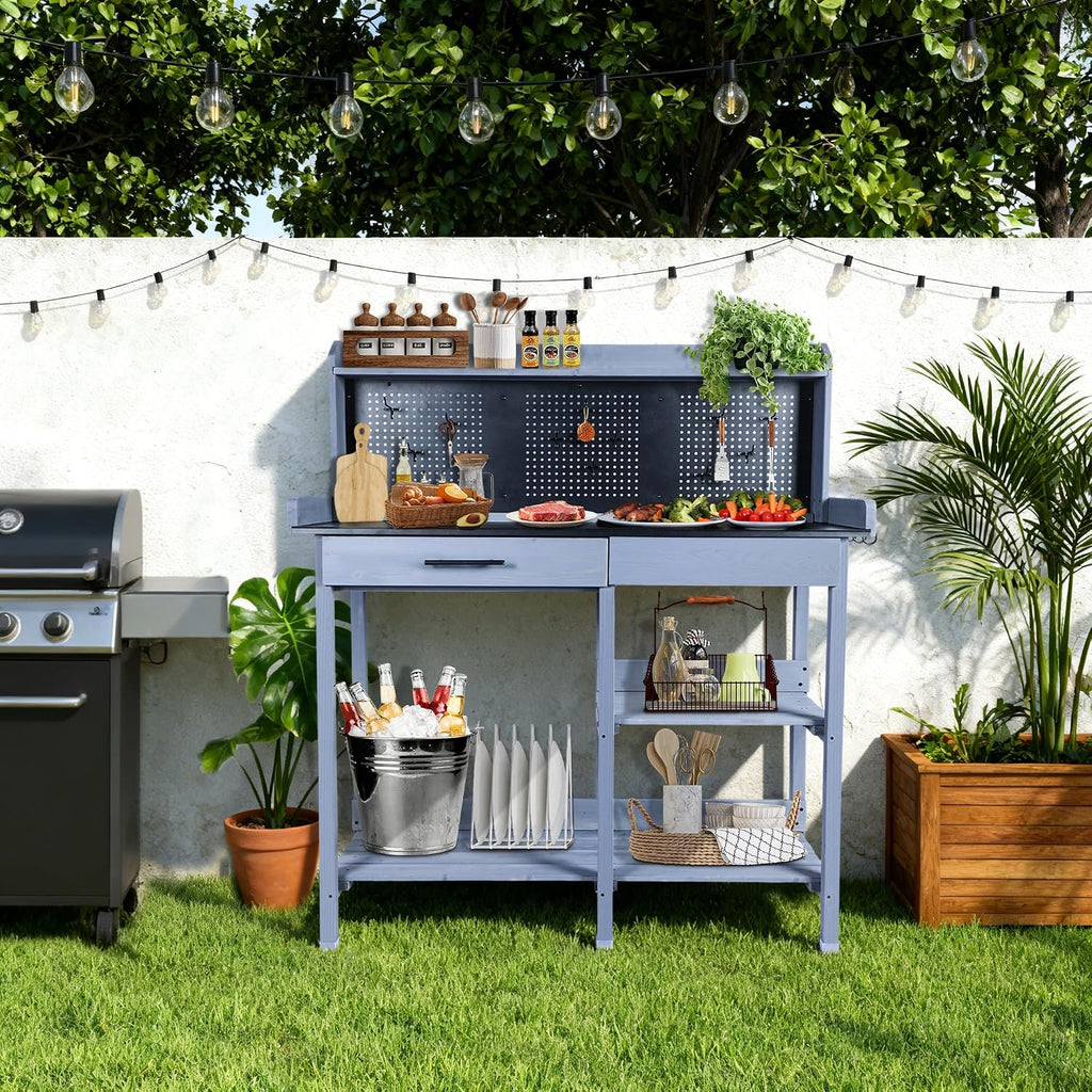 Outdoor Potting Bench Table,Garden Work Bench Metal Tabletop Horticulture with Shelf Rack Wooden Potting Benches for Outside with Holey Board/Hooks/Pads/Drawer/Adjustable and Cabinet,Gray