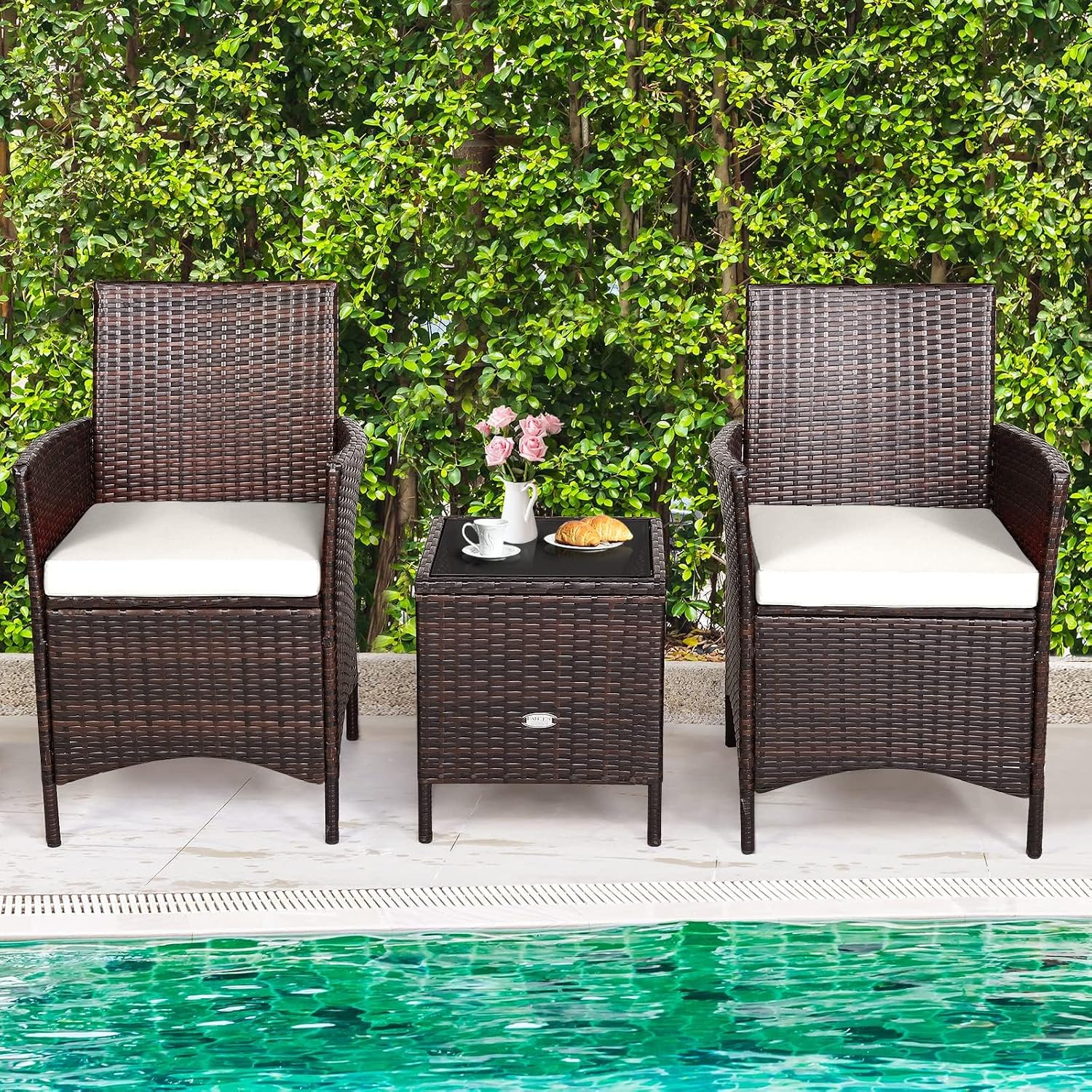 HAPPYGRILL 3 Pieces Rattan Patio Bistro Set, PE Wicker Furniture Set Outdoor Conversation Set with Coffee Table & Soft Cushions Porch Furniture Set for Garden Lawn Poolside Backyard