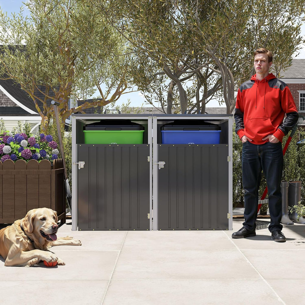 Montary 54 CU.FT Metal Outdoor Garbage Bin Storage Shed with Chain Lid, Waterproof Trash Can Organizer for 2 Bins, Garden Tools for Garden Yard Lawn, Dark Grey