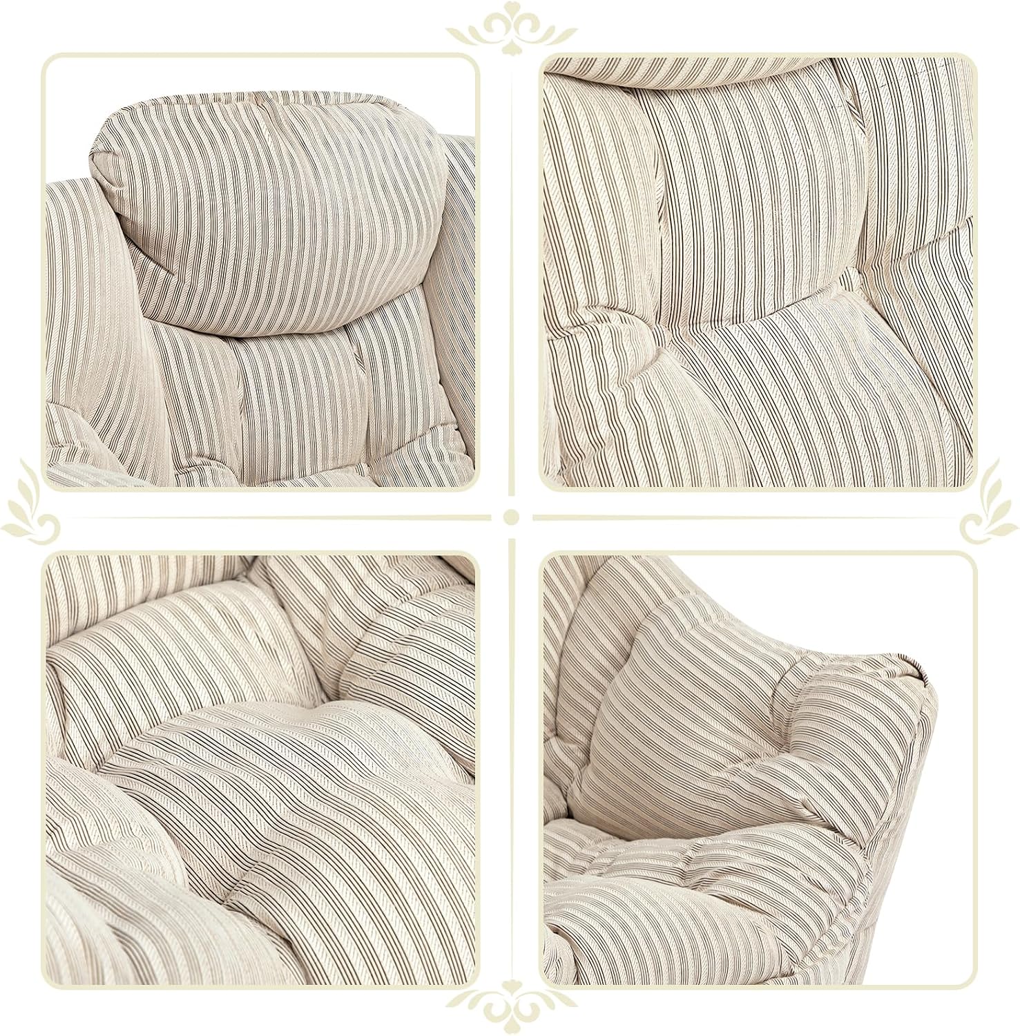 HollyHOME Lazy Chair with Foldable Ottoman, Accent Comfy Lounge Armchair and Folding Footrest Stool, Leisure Sofa Reading Chair and Footstool for Living Room, Bedroom, Dorm,Beige Stripe
