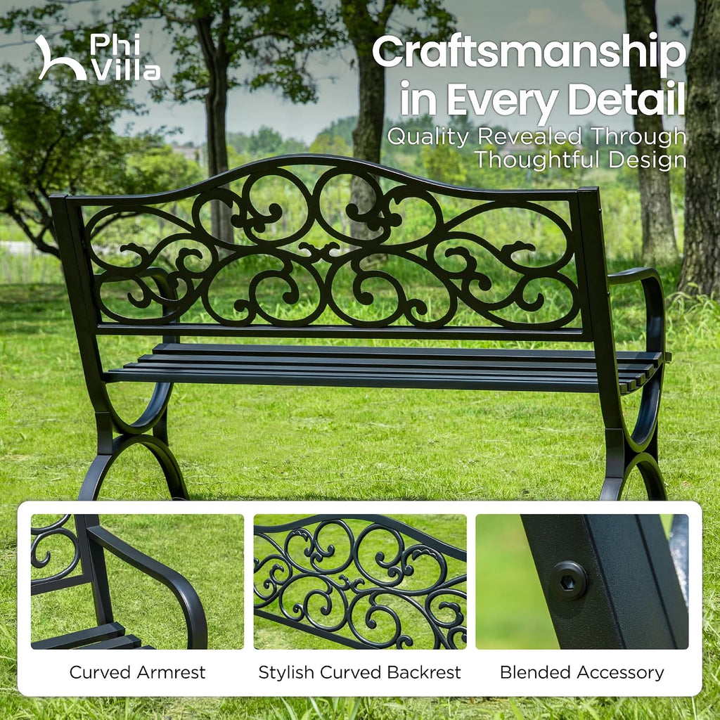 PHI VILLA 50-Inch Cast Iron Steel Frame Garden Bench Outdoor Patio Bench Chair w/Floral Design Backrest, Slatted Seat for Park, Yard & Porch, Black