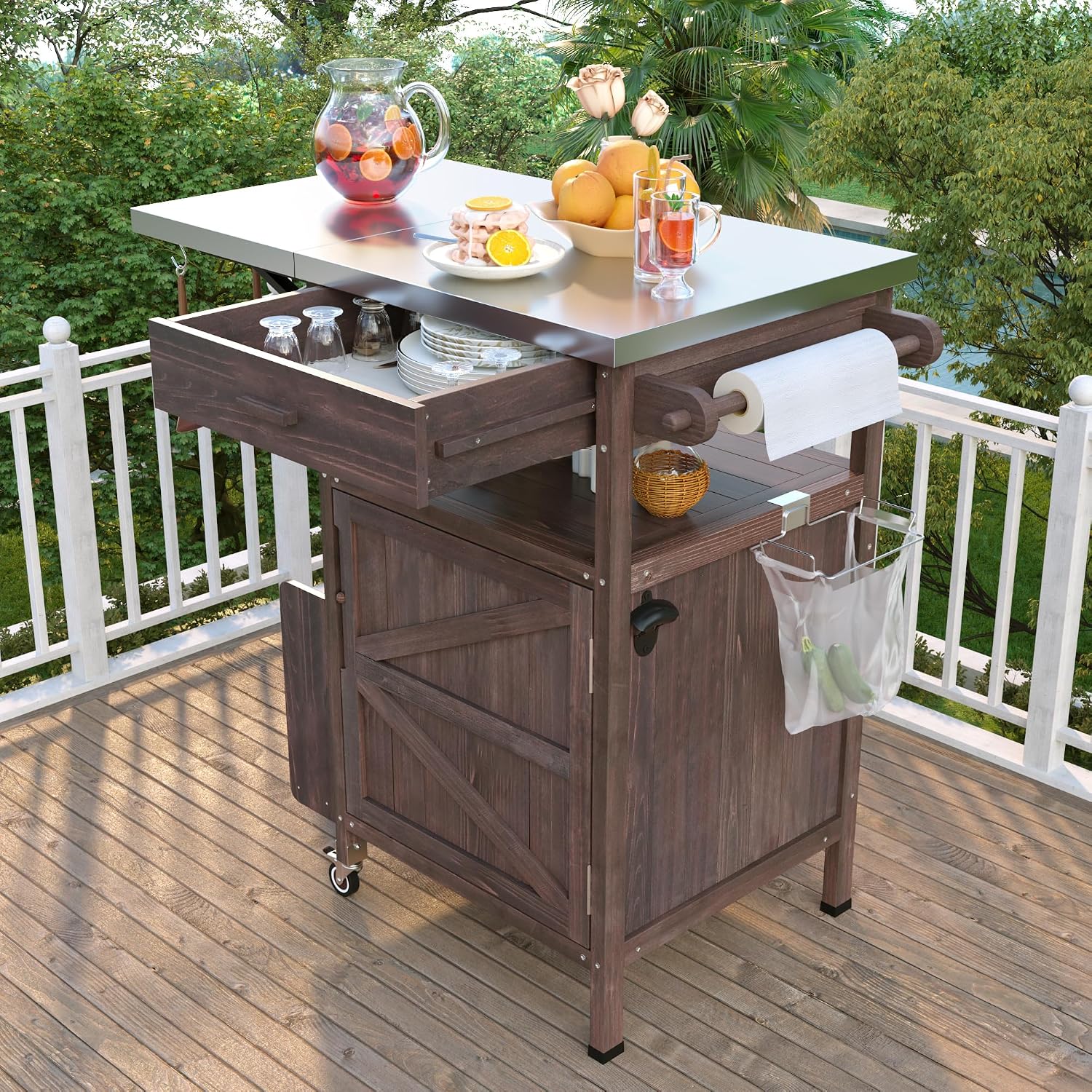 Solid Wood Outdoor Small Grill Table Kitchen Island with Stainless Steel Drop Leaf, Farmhouse Serving Cart with Drawer and Wheels, Outdoor Side Bar Table for Patio, Lawn Garden, Kitchen, Brown
