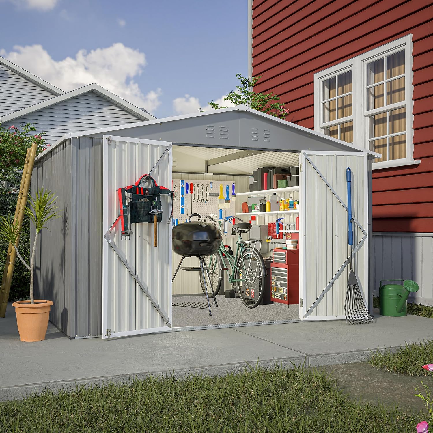 10x8 ft Outdoor Storage shed All Weather Metal Garden shed with Lockable Double Doors Tool Storage for Backyard Patio Lawn and Garden Organization Large Capacity (10x8 ft Grey)
