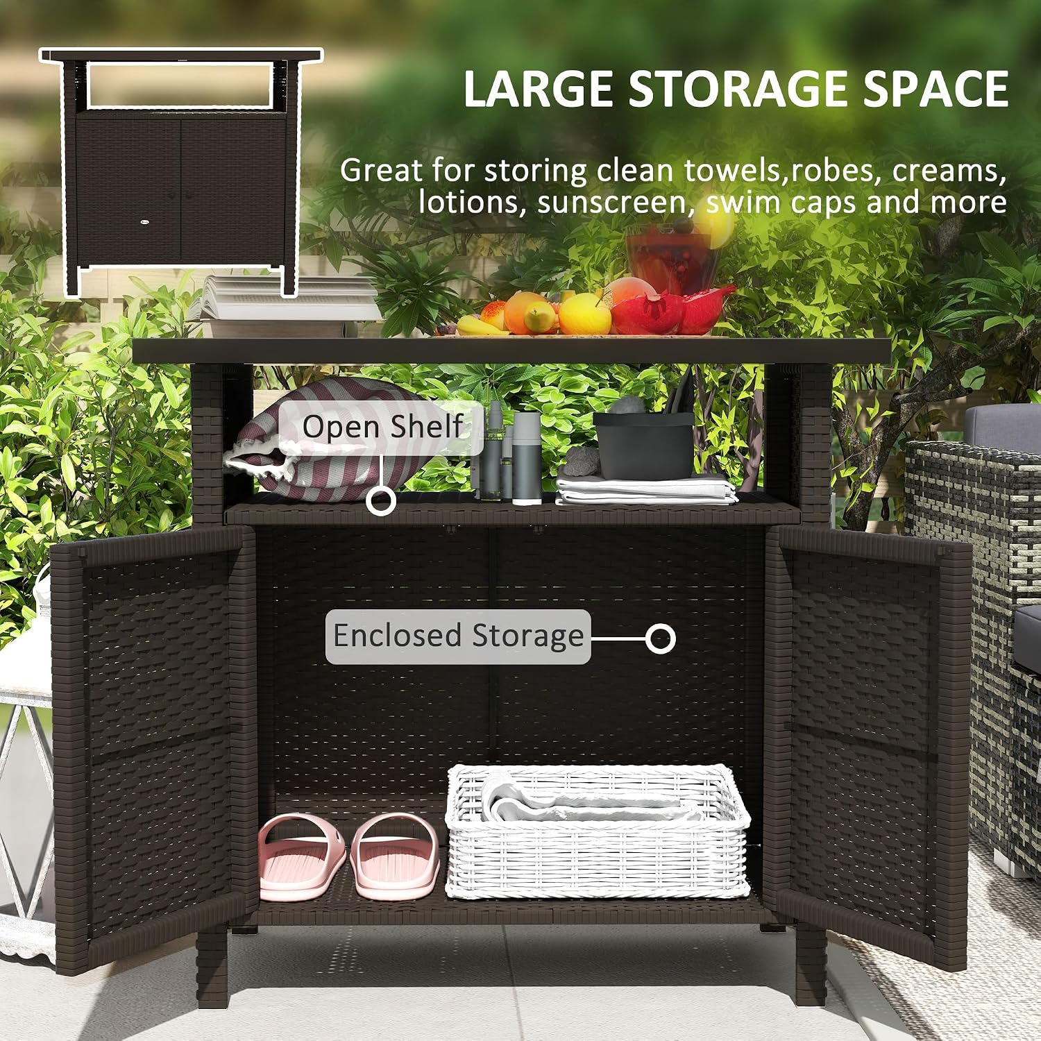 Outsunny Wicker Outdoor Storage Cabinet, Rattan Outdoor Bar Table with 2 Doors and Shelf, Outdoor Buffet Cabinet Sideboard with Metal Slatted Countertop for Poolside, Patio, Backyard, Dark Coffee