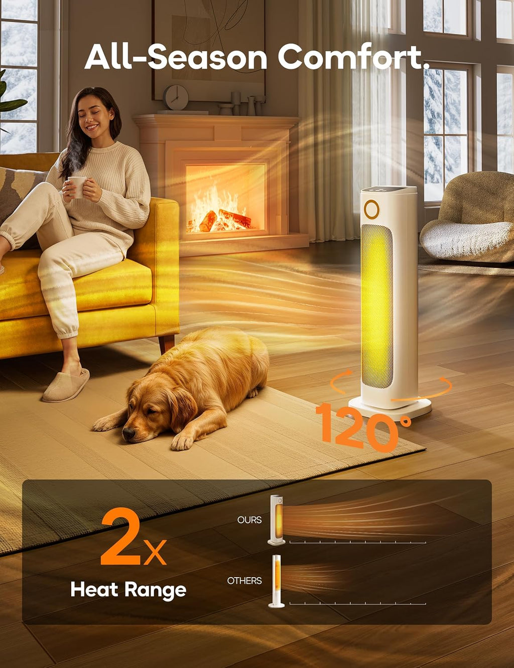 25' Patio Heater And Fan Combo for Indoor Use, 1500W Tower Portable Electric Space Outdoor with Remote,Infrared Heater, 15H Timer, Oscillation, Quiet, for Garage, Room, Office, White