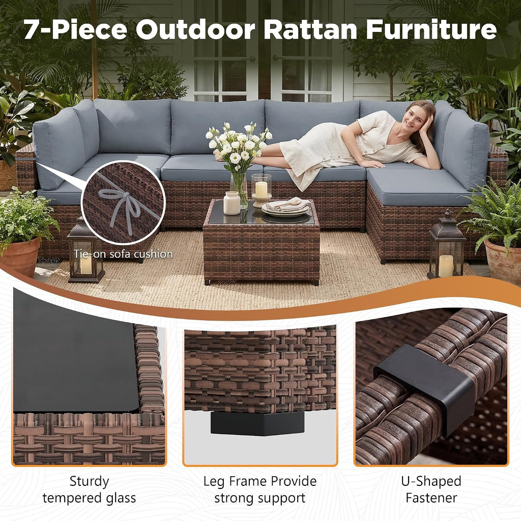 LHBcraft Patio Furniture Set,7 Pieces Outdoor Wicker Rattan Patio Furniture with Rain Cover, Wicker Rattan Outdoor Sectional Sofa Set with Coffee Table for Garden, Taupe-Blue