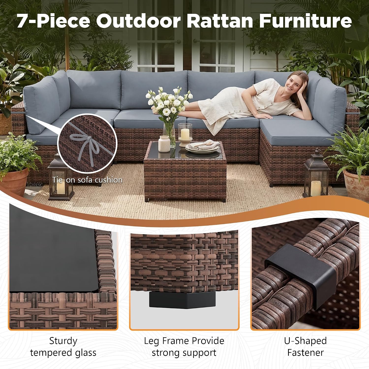 LHBcraft Patio Furniture Set,7 Pieces Outdoor Wicker Rattan Patio Furniture with Rain Cover, Wicker Rattan Outdoor Sectional Sofa Set with Coffee Table for Garden, Taupe-Blue