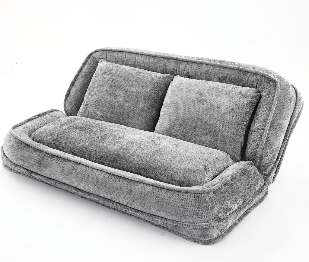 Floor Chair with Back Support, Human Dog Bed, Folding Loveseat with 5 Adjustable Position, 2 Pillows, Chenille Meditation Gaming Chair for Lazy Boys, Living Room, Lounge, Bedroom, Light Grey
