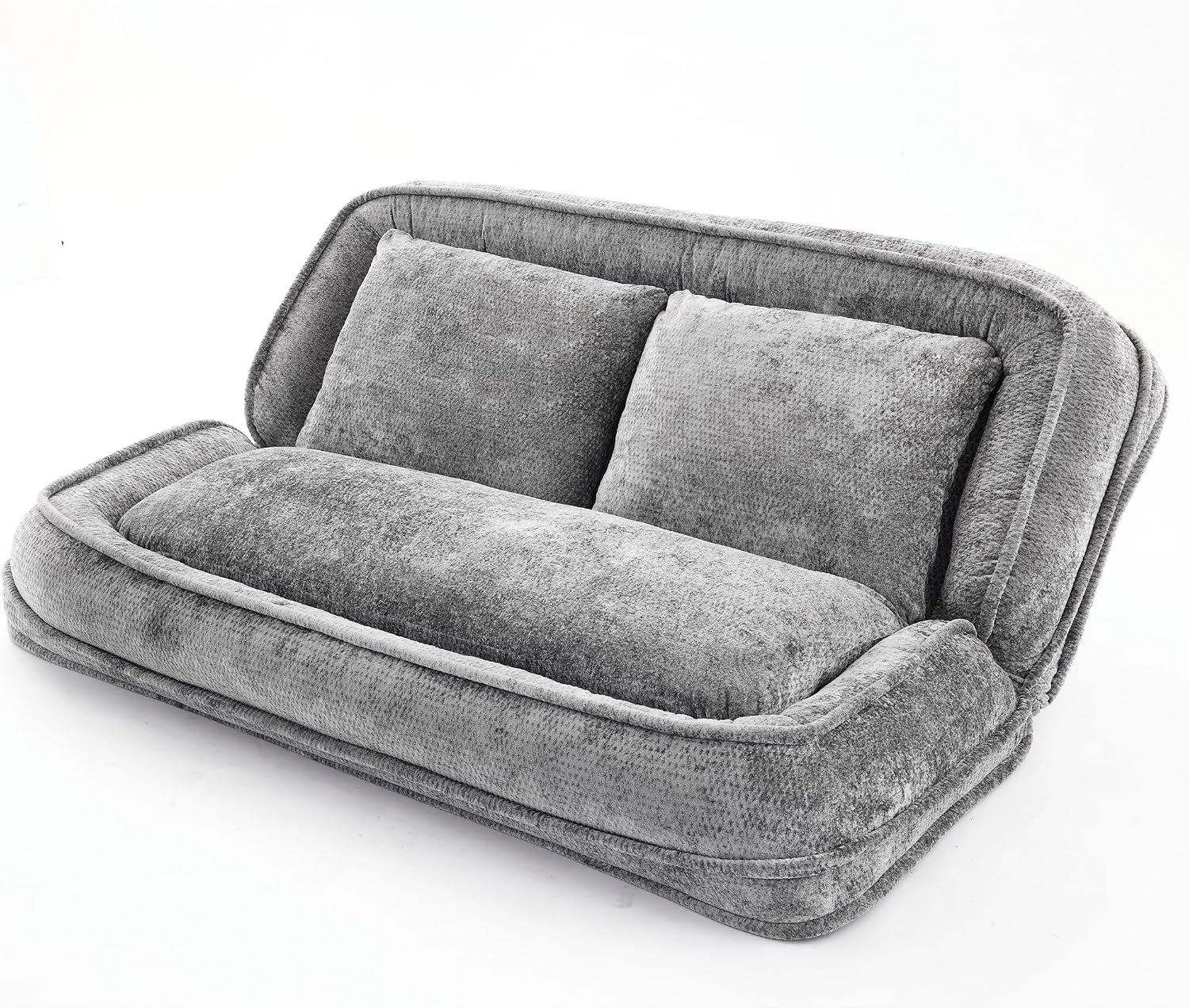 Floor Chair with Back Support, Human Dog Bed, Folding Loveseat with 5 Adjustable Position, 2 Pillows, Chenille Meditation Gaming Chair for Lazy Boys, Living Room, Lounge, Bedroom, Light Grey