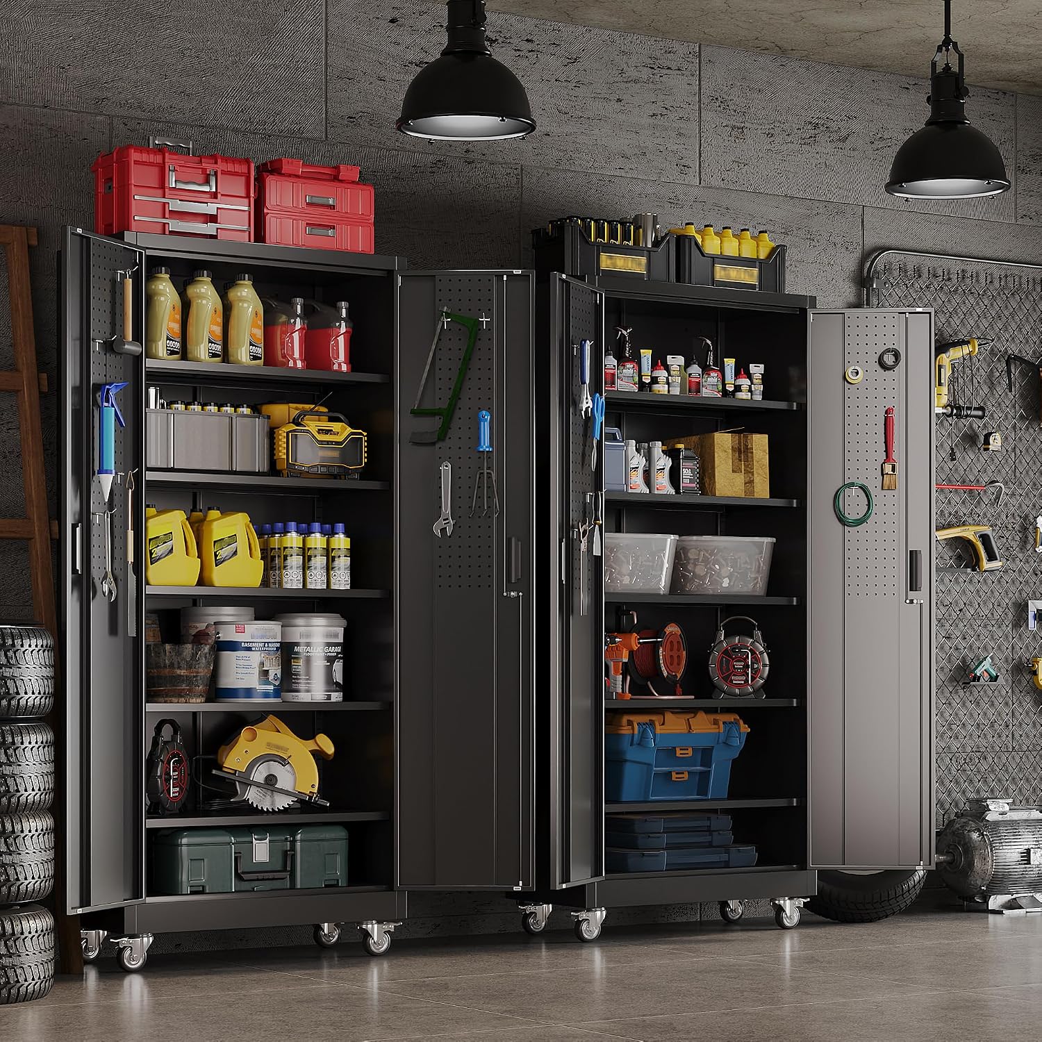 SUXXAN Garage Storage Cabinet with Wheels Pegboard and 5 Adjustable Shelves, 71'' x 32'' x 16''Metal Lockable Cabinet with Magnetic Doors,Tool Storage,Home Office Garage,Gym,School (Black)