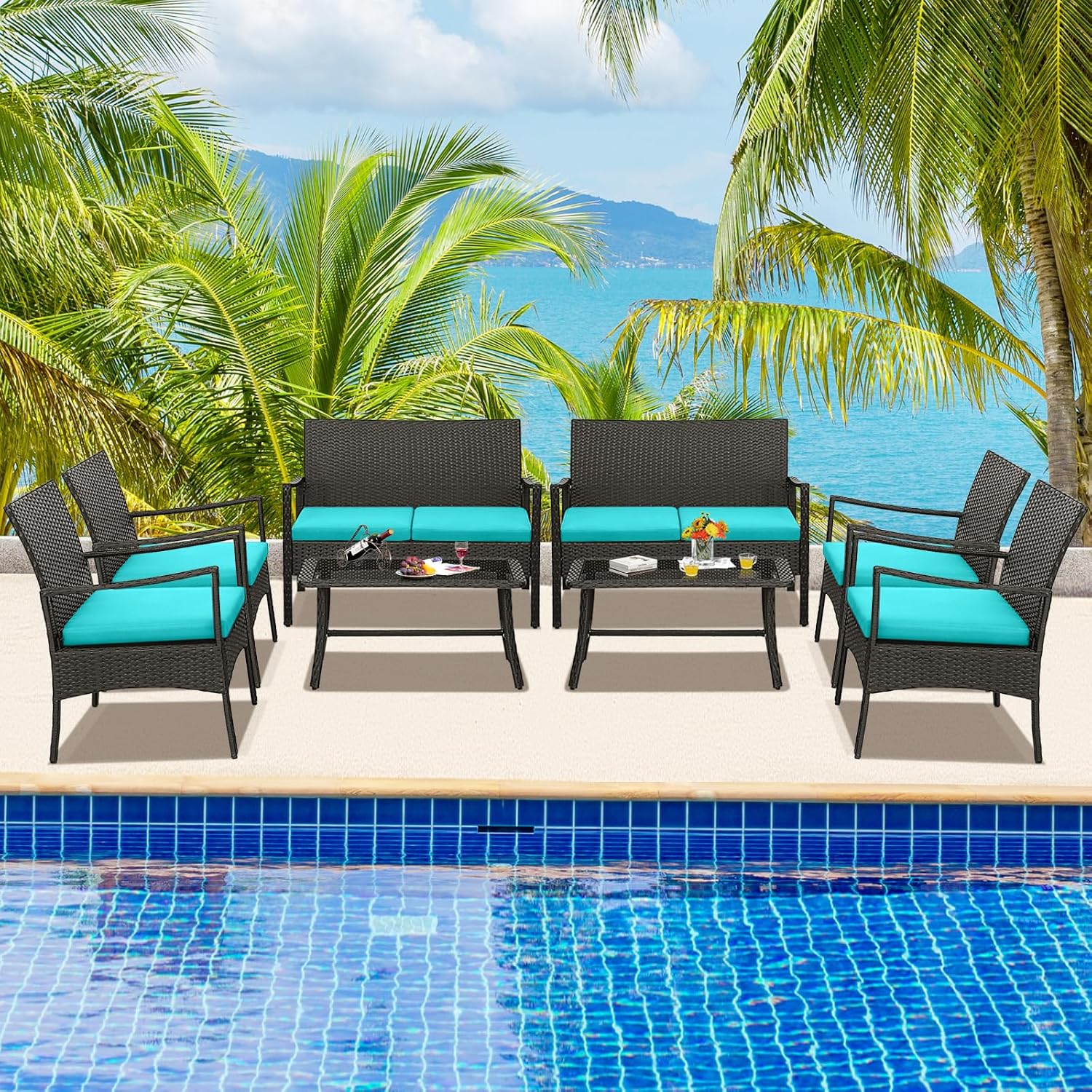 HAPPYGRILL 8 Pieces Patio Wicker Furniture Set PE Wicker Conversation Set, Rattan Sofa Chair with Cushions Tempered Glass Coffee Table, Outdoor Sectional Bistro Set for Poolside Backyard Lawn Garden