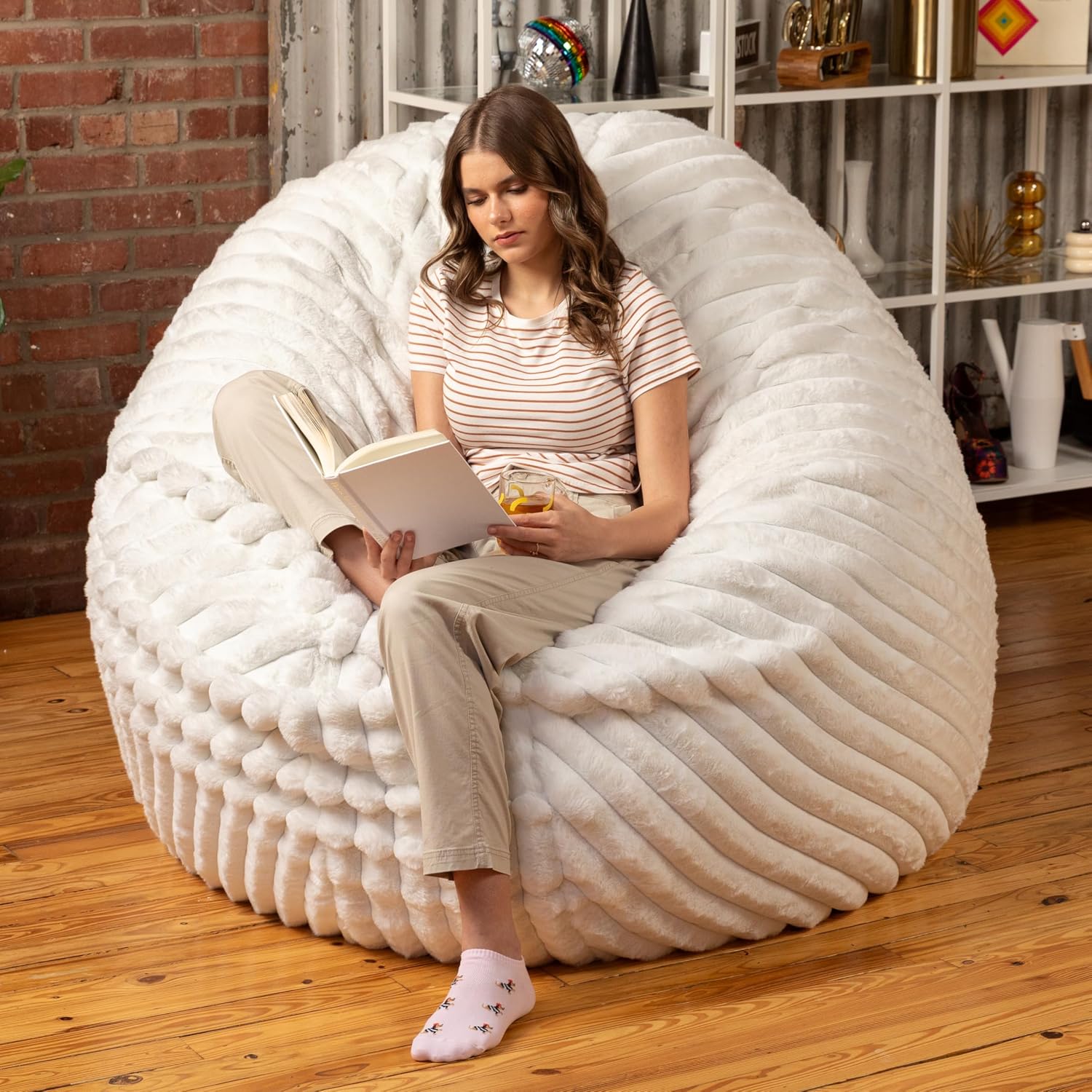 Jaxx 6 Foot Cocoon - 2-in-1 Convertible Bean Bag Bed & Large Bean Bag Chair for Adults, Premium Luxe Faux Fur - Mondo Ivory