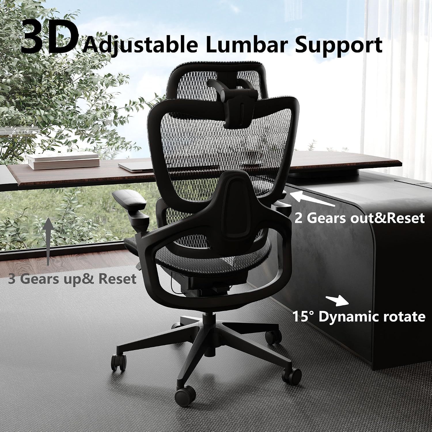Ergonomic Office Chair, Big and Tall Home Desk Chair with Adjustable 3D Lumbar Support, 5D Armrest, 4D armrests, Mesh Computer Chair,90-130°Tilt, Model Zen (All Black)