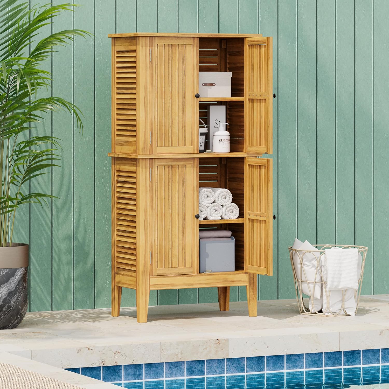 Christopher Knight Home Dessa Outdoor Cabinet, Acacia Wood Storage Cabinet, Garden Stool Shed with 4 Shelves, Tools Organizer with 2 Doors for Backyard Garden Balcony, 61.80' Tall Storage Shed, Teak