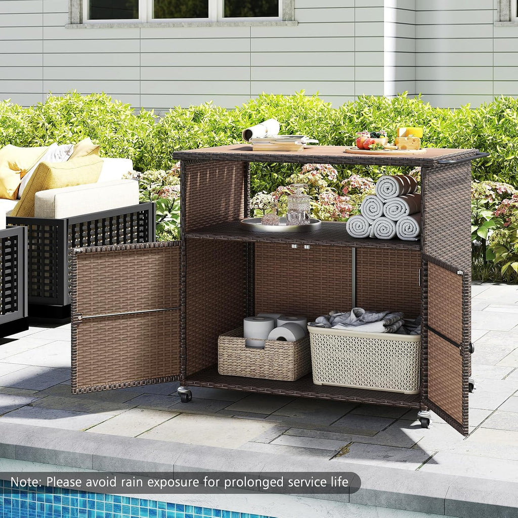 MAT EXPERT Wicker Outdoor Storage Cabinet, PE Rattan Buffet Cabinet w/Acacia Wood Countertop, Open Compartment & 2-Door Shelf, Patio Bar Cart w/Lockable Wheels for Kitchen, Garden, Backyard & Pool