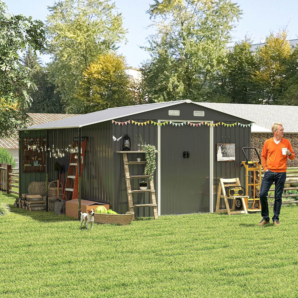 10x12 ft Metal Storage Shed with Open Firewood Bay, Steel Outdoor Storage Shed with Window and Lockable Doors, Extra Large Tool Sheds House with Vents, for Garden, Backyard, Patio, Dark Gray