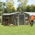 10x12 ft Metal Storage Shed with Open Firewood Bay, Steel Outdoor Storage Shed with Window and Lockable Doors, Extra Large Tool Sheds House with Vents, for Garden, Backyard, Patio, Dark Gray