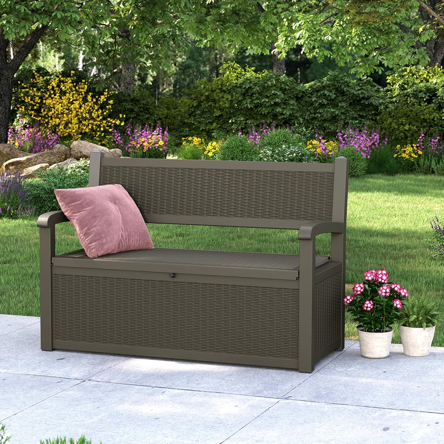 71 Gallon Outdoor Storage Bench Deck Box, Waterproof Outdoor Seating with Lockbale Shed,for Patio Storage Bench,Front Porch Decor,Store Garden Tools and Pool Supplies,Multi-functional Storage (Grey)