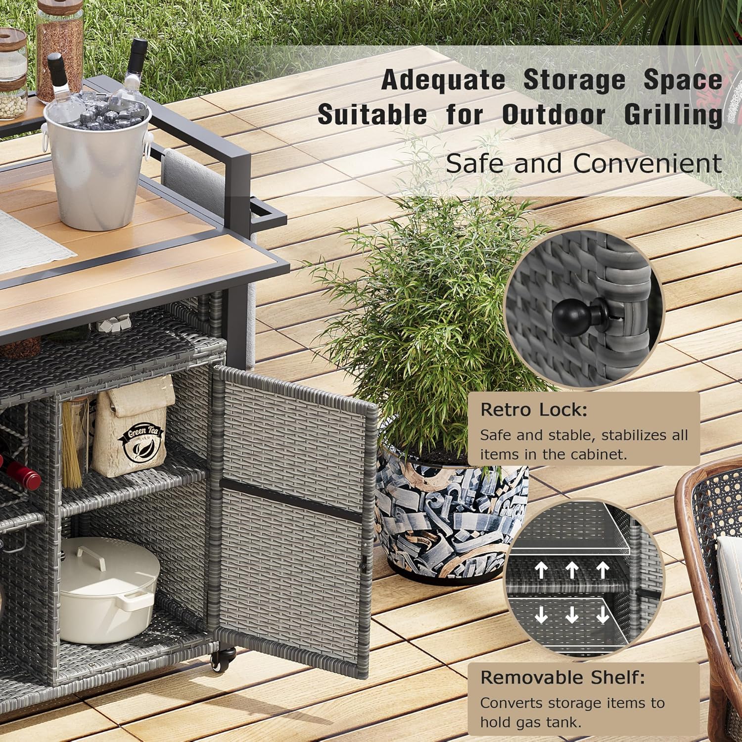 Merax 52.8' W Wicker Outdoor Grill Cart with Extended Plastic Wood Table Top, Rolling Kitchen Island on Wheels with Storage Cabinet, for Patio Backyard Garden Poolside, Double Handle Design, Grey