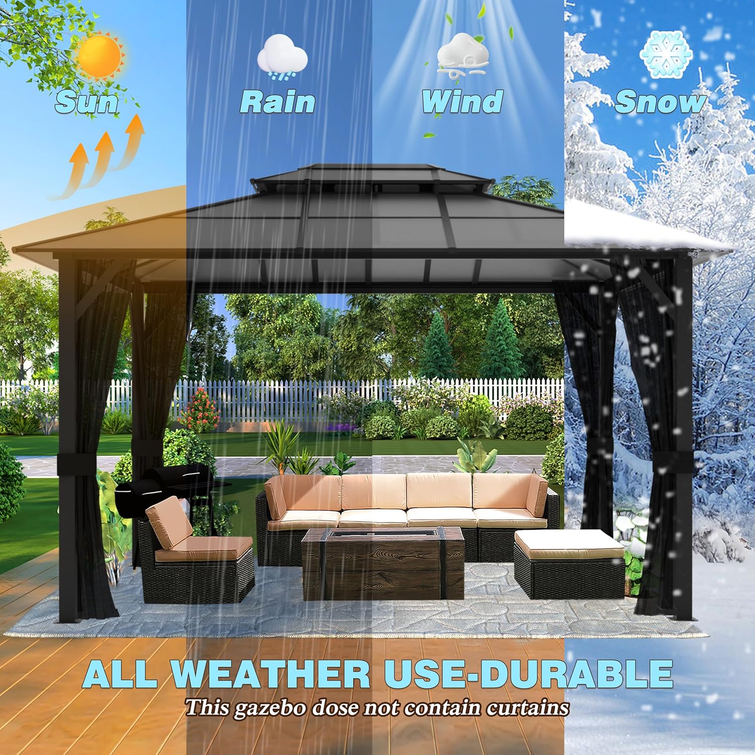 MUPATER Gazebo,10x13 FT Polycarbonate Hardtop Gazebo with Aluminum Frame, Double Roof Patio Gazbeo, Permanent Outdoor Pavilion with Insect-Proof Netting for Patios, Deck, Lawns, Gardens and Pools