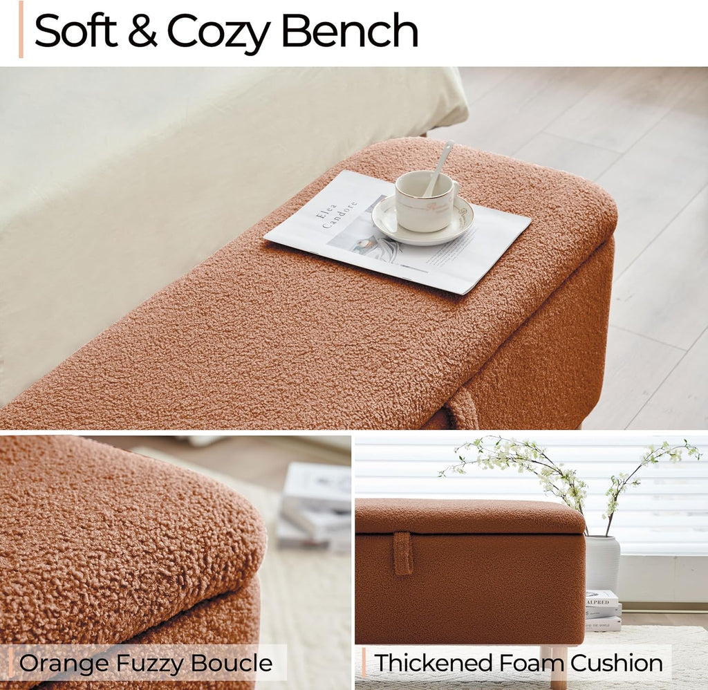 Boucle Storage Ottoman Bench for Bedroom end of Bed, Sherpa Upholstered Shoe Seat Storage Bench for Entryway Bed Foot, Rectangle Cushion Padded Blanket Chest Cute for Living Room, Burnt Orange