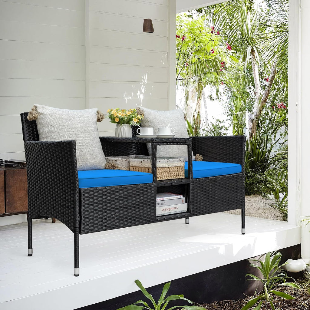 Greesum Patio Loveseat Outdoor Wicker Furniture Conversation Set with Soft Cushions & Built-in Coffee Table for Lawn Garden Backyard, Blue