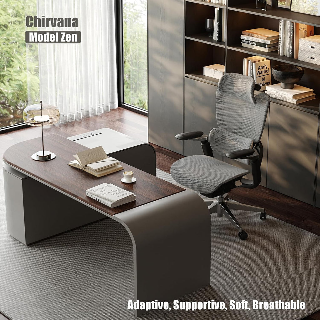 Ergonomic Office Chair with Adjustable 3D Lumbar Support, Mesh Computer Chair 5D Armrests, Home Desk Chair with 4D Headrest, 90-130°Tilt, BIFMA Certified, Model Zen (Grey)