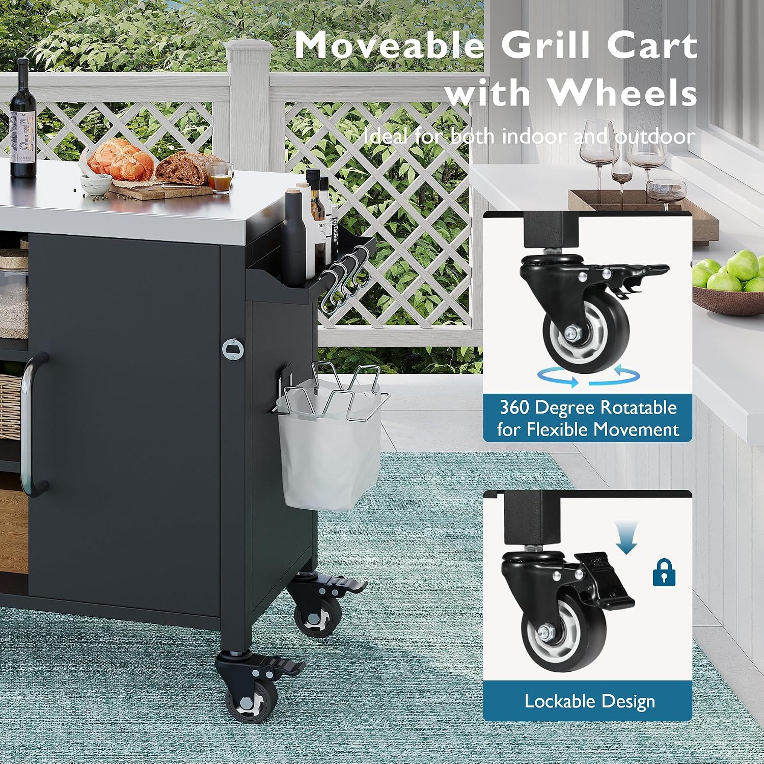 Outdoor Kitchen Island with Sink - 304 Stainless Steel Grill Cart, Locking Wheels, Spice Rack & Storage Cabinets | All-Weather Design for BBQ Prep, Patio, Poolside (Outdoor Island Cart with Sink)