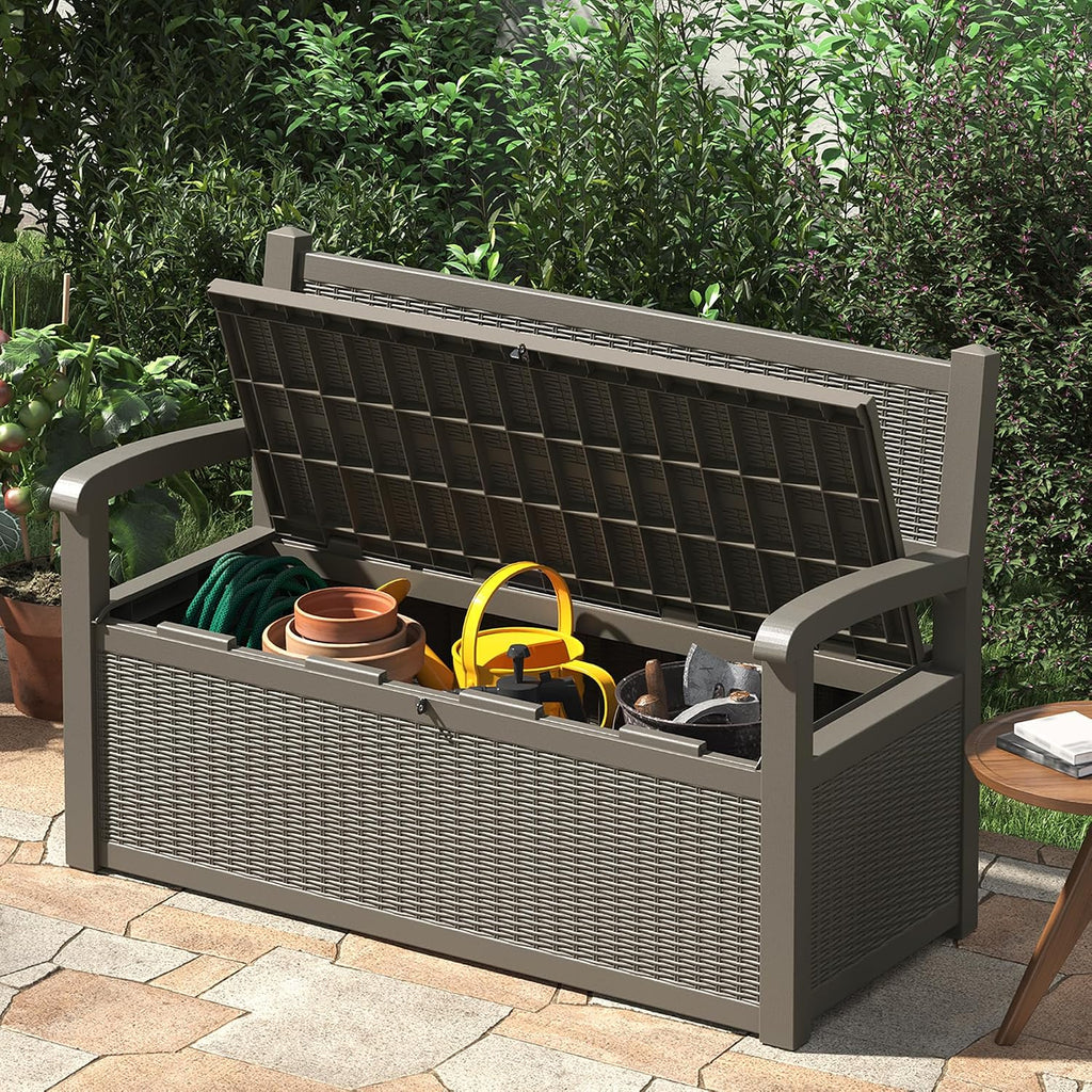71 Gallon Outdoor Storage Bench Deck Box, Waterproof Outdoor Seating with Lockbale Shed,for Patio Storage Bench,Front Porch Decor,Store Garden Tools and Pool Supplies,Multi-functional Storage (Grey)