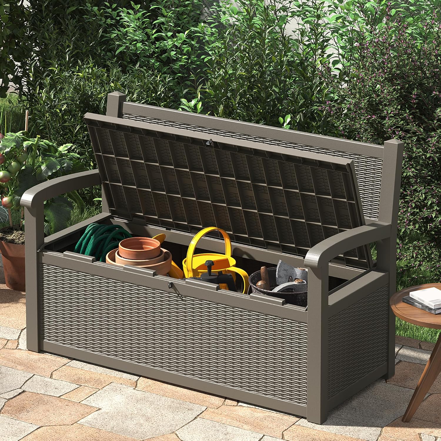 71 Gallon Outdoor Storage Bench Deck Box, Waterproof Outdoor Seating with Lockbale Shed,for Patio Storage Bench,Front Porch Decor,Store Garden Tools and Pool Supplies,Multi-functional Storage (Grey)