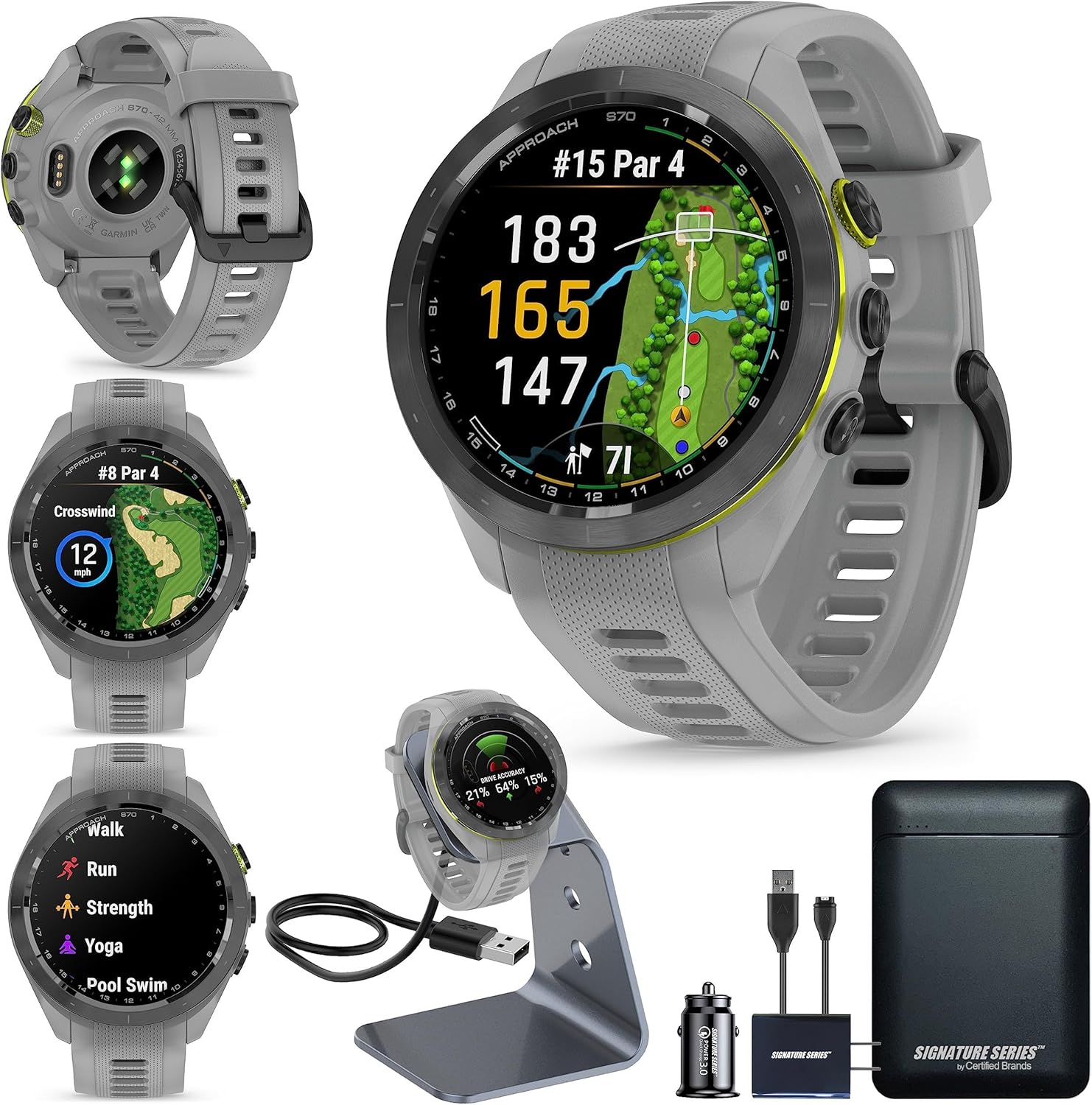 Garmin Approach S70 Golf Smartwatch | Full-Color CourseView Maps AMOLED Display | Advanced Shot Execution & Putt Alignment | Immersive Golfing Experience w/Signature Stand Power Bundle