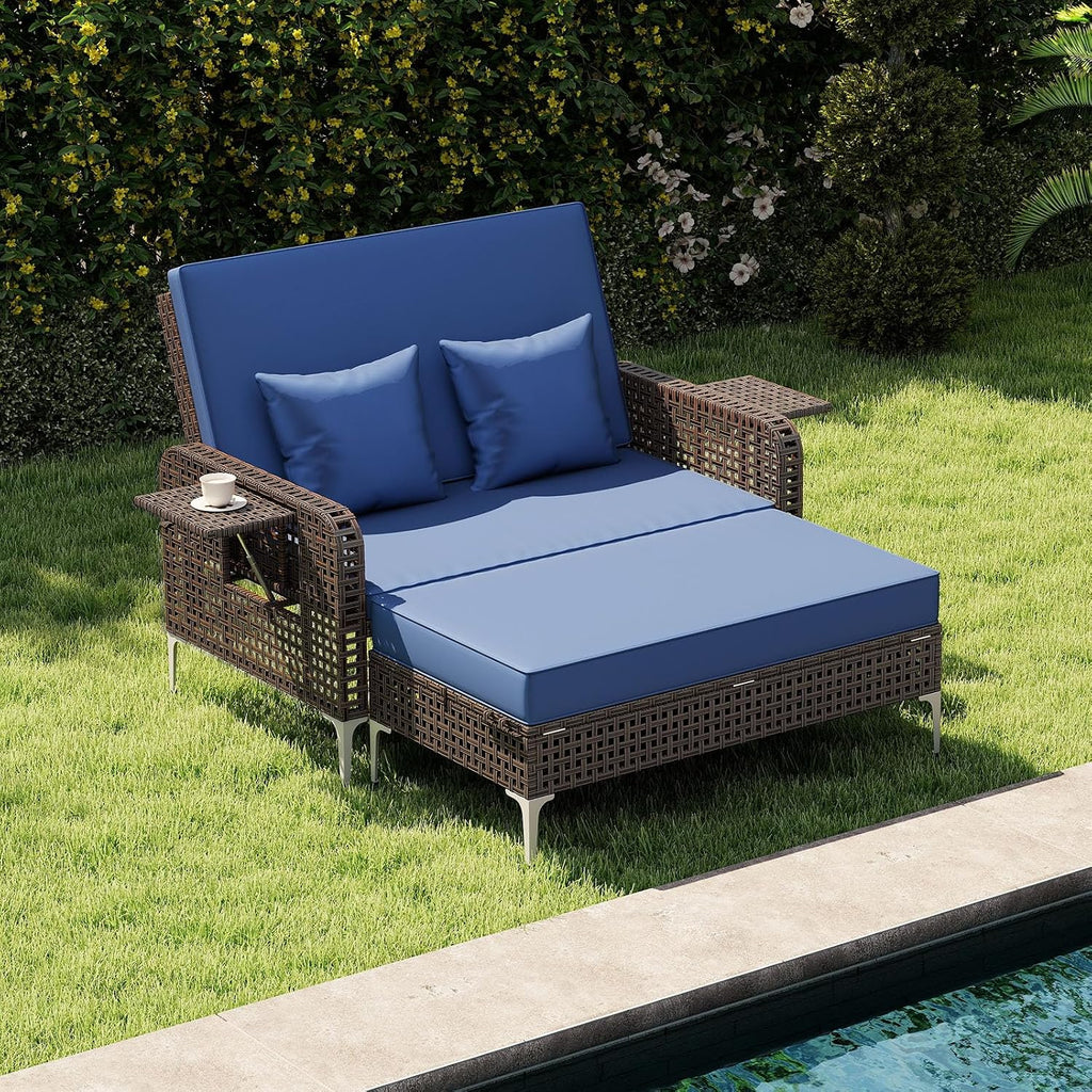 Tangkula Patio Rattan Daybed with 4-Level Adjustable Backrest, Boho Outdoor Wicker Loveseat & Storage Ottoman with Cushion, 2-Person Sun Lounger with Folding Tables for Poolside, Backyard & Garden