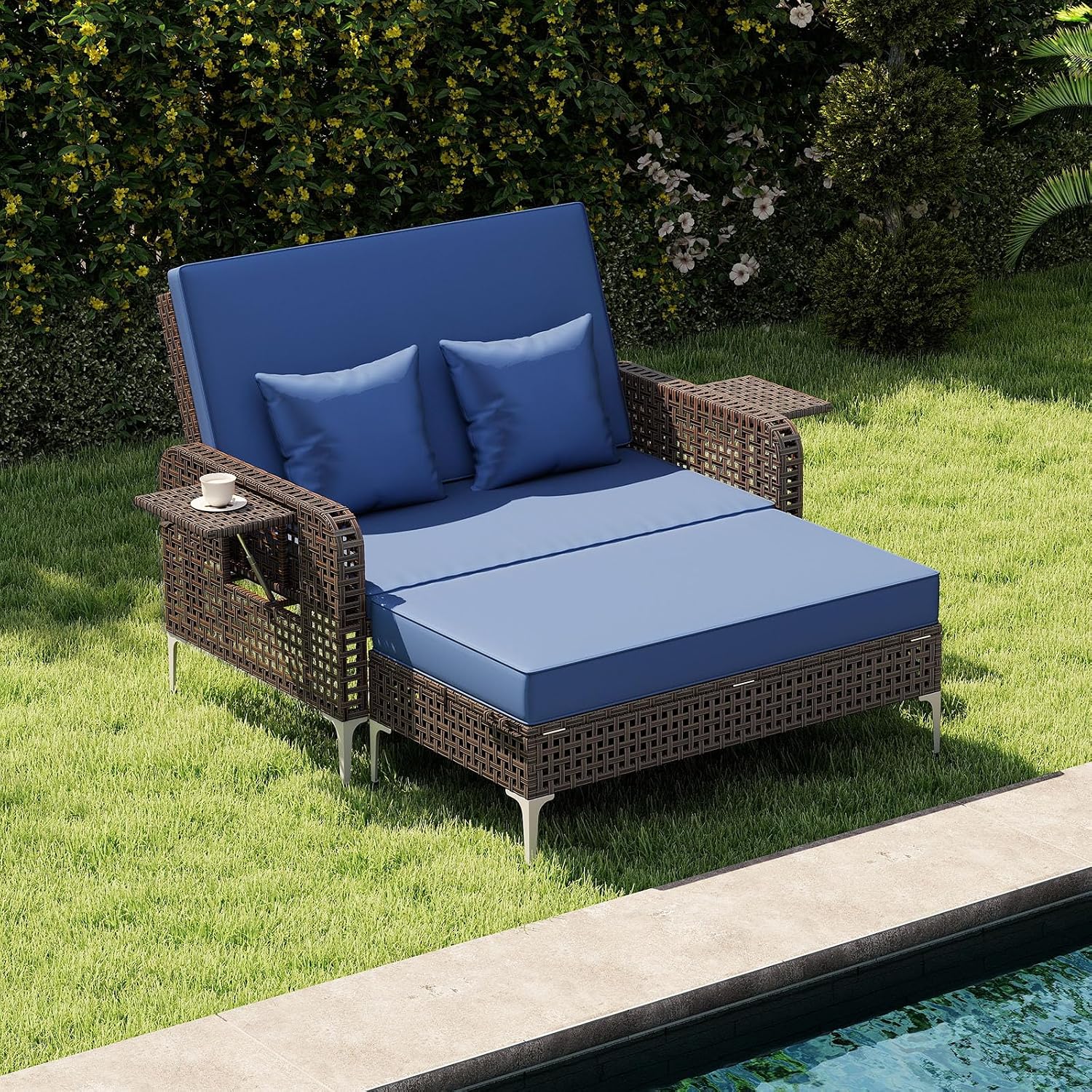 Tangkula Patio Rattan Daybed with 4-Level Adjustable Backrest, Boho Outdoor Wicker Loveseat & Storage Ottoman with Cushion, 2-Person Sun Lounger with Folding Tables for Poolside, Backyard & Garden