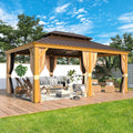 MELLCOM 12'x18' Hardtop Gazebo, Wood Grain Aluminum Frame with Galvanized Steel Double Roof and Water Gutter, Outdoor Permanent Metal Pavilion with Curtains and Nettings for Patios, Gardens and Lawns