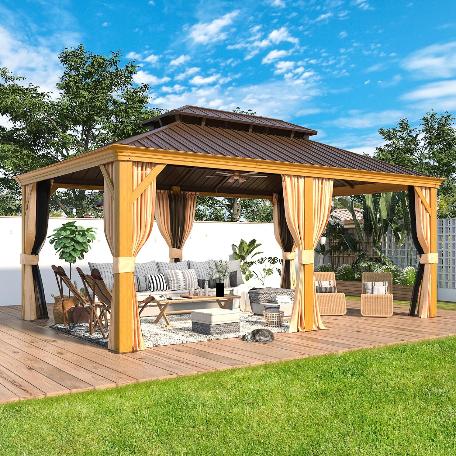 MELLCOM 12'x18' Hardtop Gazebo, Wood Grain Aluminum Frame with Galvanized Steel Double Roof and Water Gutter, Outdoor Permanent Metal Pavilion with Curtains and Nettings for Patios, Gardens and Lawns