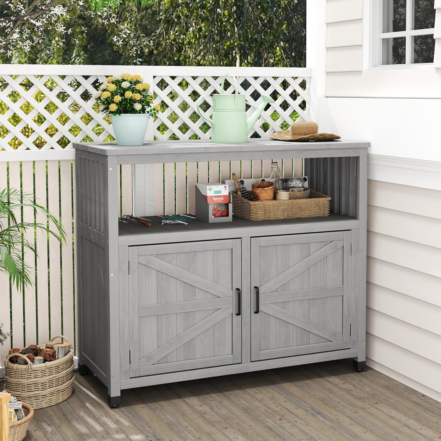 Outdoor Potting Bench with Storage Cabinet, Wood Workstation for Outdoor Patio, Garden (Grey, 42×18×37')
