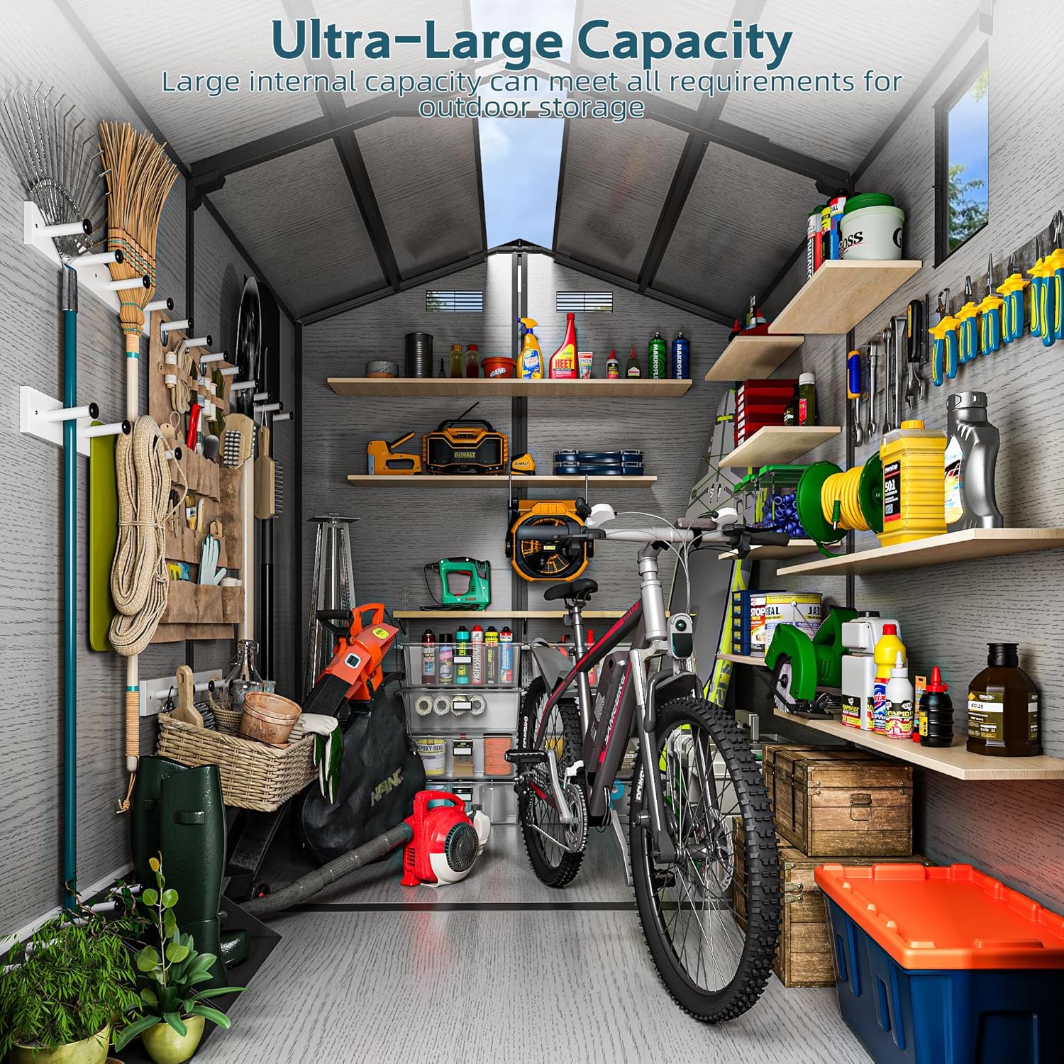 WUKHG 6X6 FT Resin Shed, Plastic Shed with Floor & Drainage Channel for Bikes, Furniture, Gardening Tools, Lockable Double Door Outdoor Storage Sheds Suitable for Backyard, Patio, Lawn
