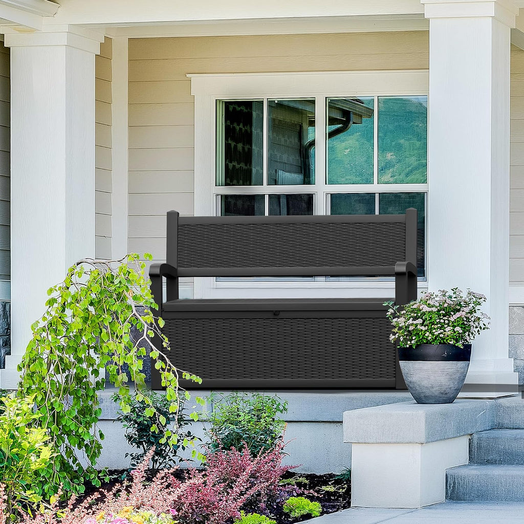 NUNU LAB 70 Gallon Outdoor Storage Bench Deck Box, Lockable Patio Furniture,Resin Outdoor Bench with Armrest,Waterproof Garden Decor,outdoor storage box,for Garden Tools,Cushions and Pool Supplies