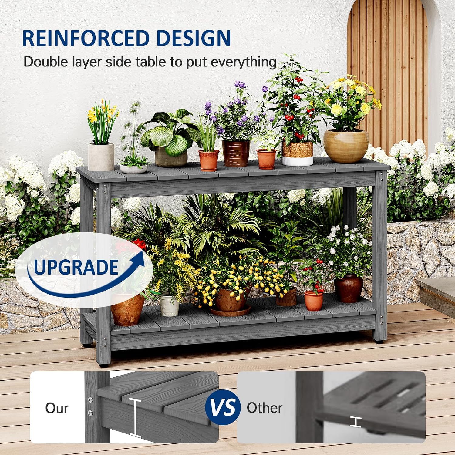 Outdoor Console Table, 48' Weather Resistant HIPS Patio Side Table, 440LBS Weight Capacity, 2-Tier Multifunctional Buffet Bar Storage Organizer for Garden Deck, Gray