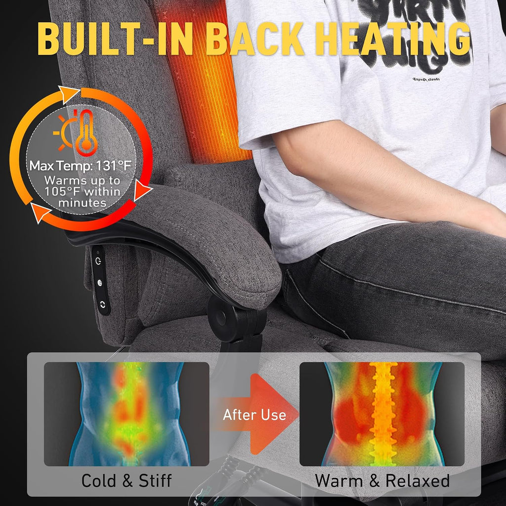 3D Kneading Massage Office Chair with Heat, 500 lbs Big and Tall Executive Computer Desk Recliner, Electric Heated Gaming Chairs with Massage & Footrest, Grey,