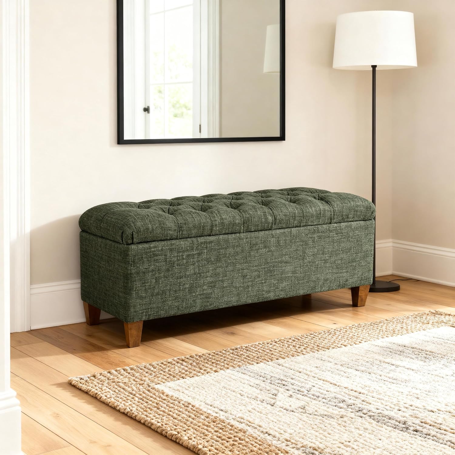 Homepop Home Decor Tufted Ainsley Button Storage Ottoman Bench with Hinged Lid Ottoman Bench with Storage for Living Room & Bedroom, Green Clover Fabric