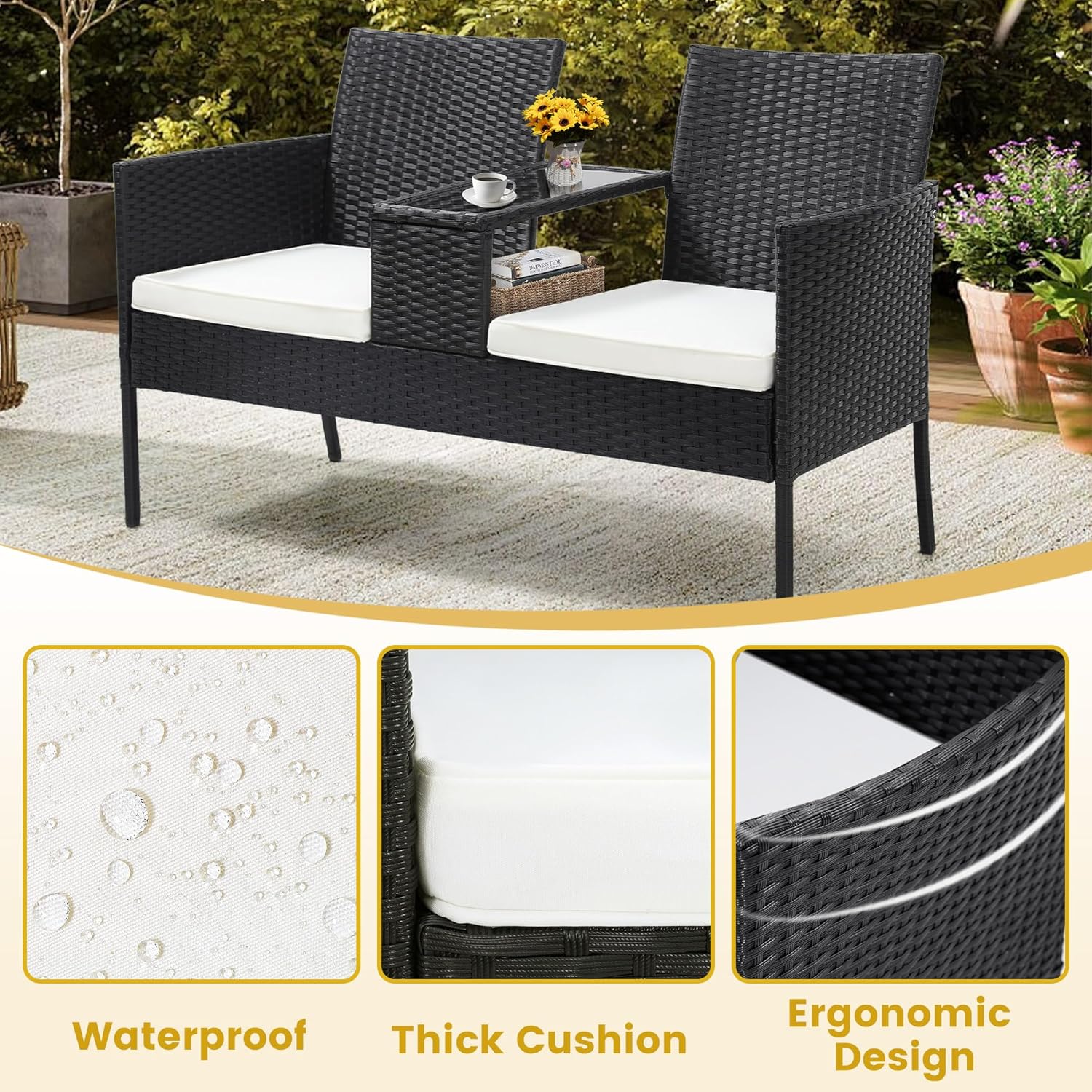 Kromax Wicker 2 Seat Patio Loveseat, Outdoor Rattan Loveseat with Table, Washable Cushion Covers, Backyard, Garden, Lawn, Black Rattan with White Cushion