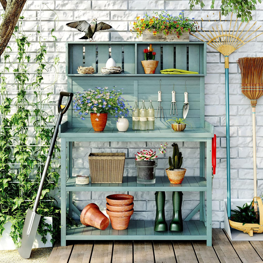65' Large Outdoor Farmhouse Wooden Potting Bench Table, Patio Workstation with 4 Storage Shelves and Side Hook for Backyard, Mudroom Garden (Green#3, 65')
