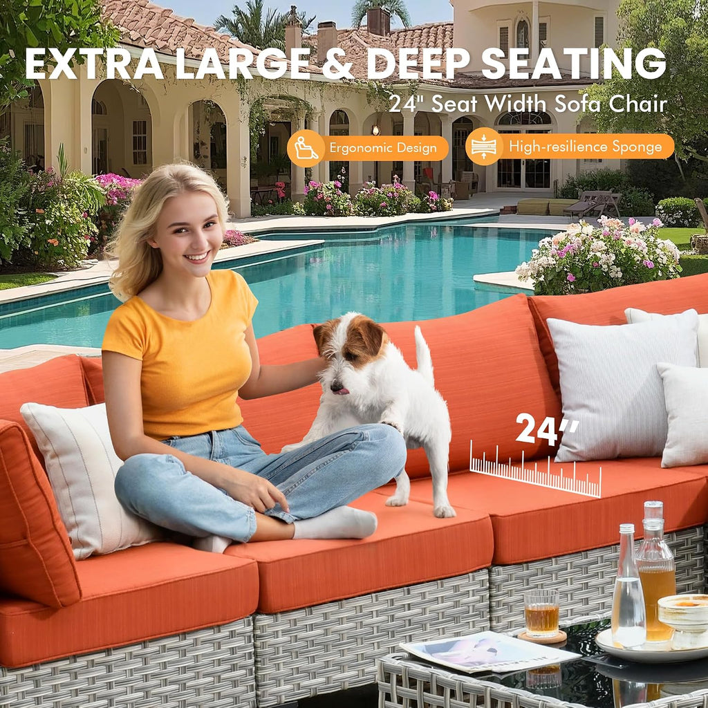 Outdoor Sectional Patio Furniture Set with Fire Pit Table and Glowing Table,6 Pieces Wicker Conversation Sets L Shaped Couch Out Door Sofa Set Outside Furniture for Garden Deck Yard,Orange Red