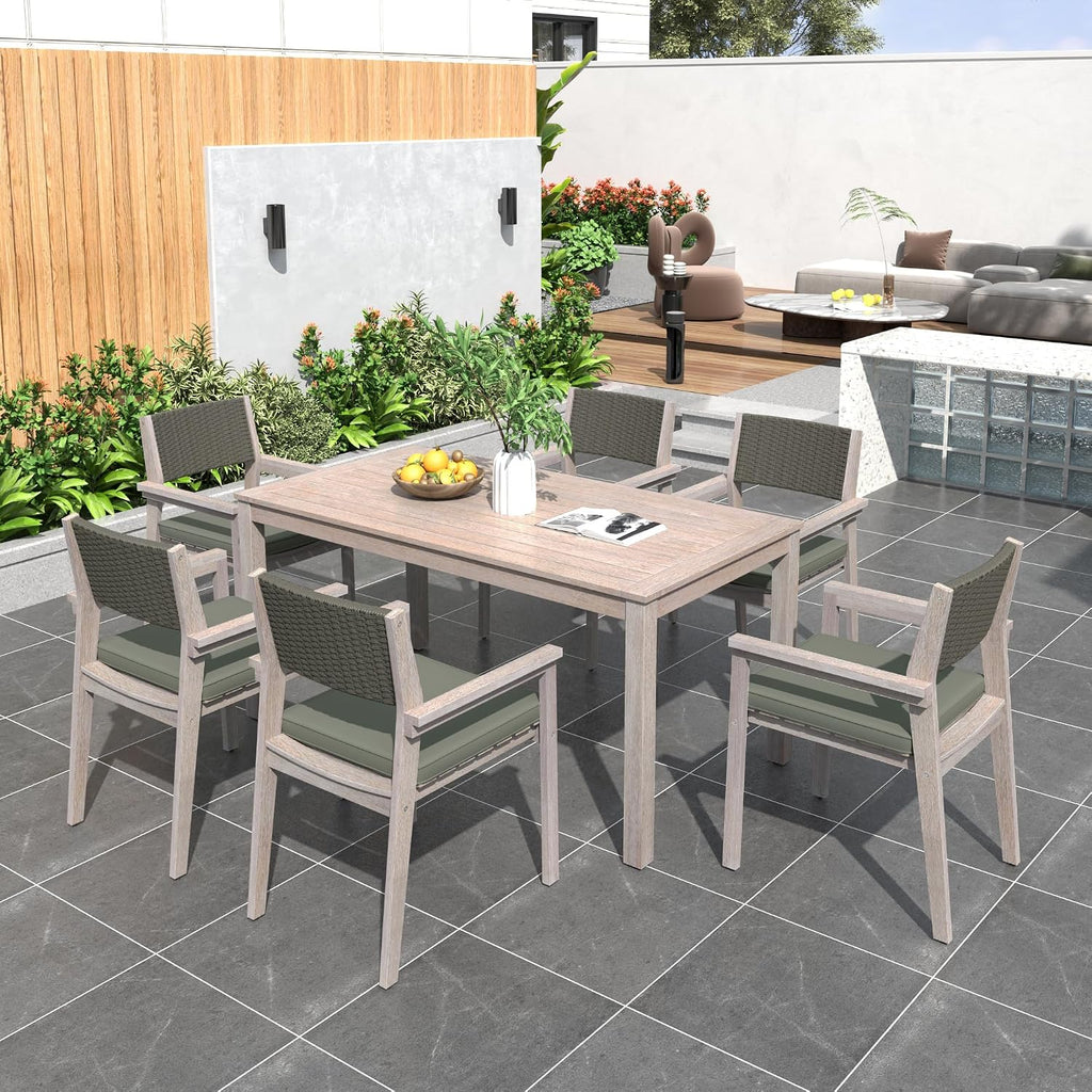 7 Piece Patio Dining Sets, Outdoor Acacia Wood Table and Wicker Back Chairs with Cushions, All Weather Patio Furniture Set for Lawn, Porch, Deck, Yard & Poolside