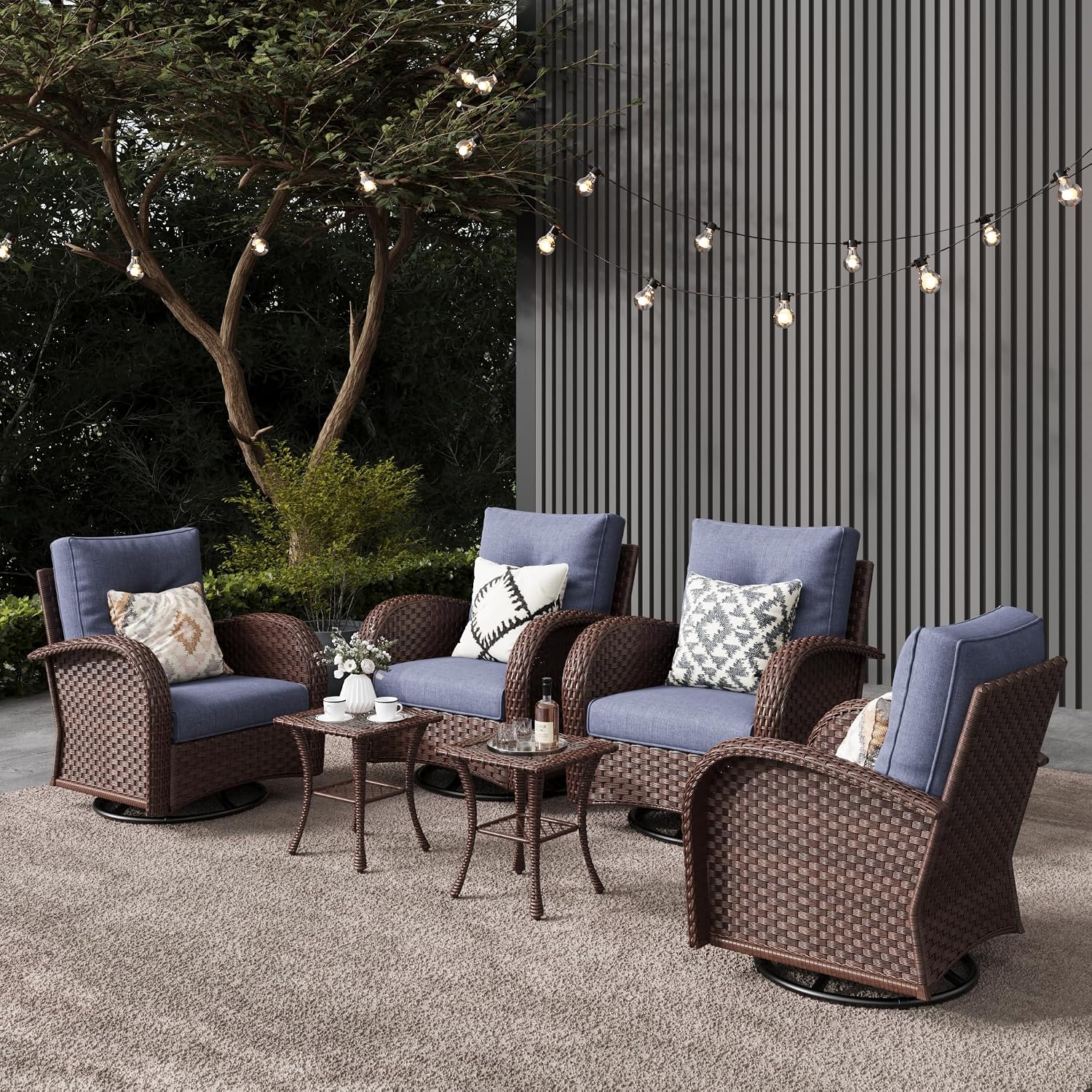 LayinSun 6 Pieces Outdoor Patio Furniture Set, Rattan Wicker Sectional Swivel Rocker Chairs Sets
