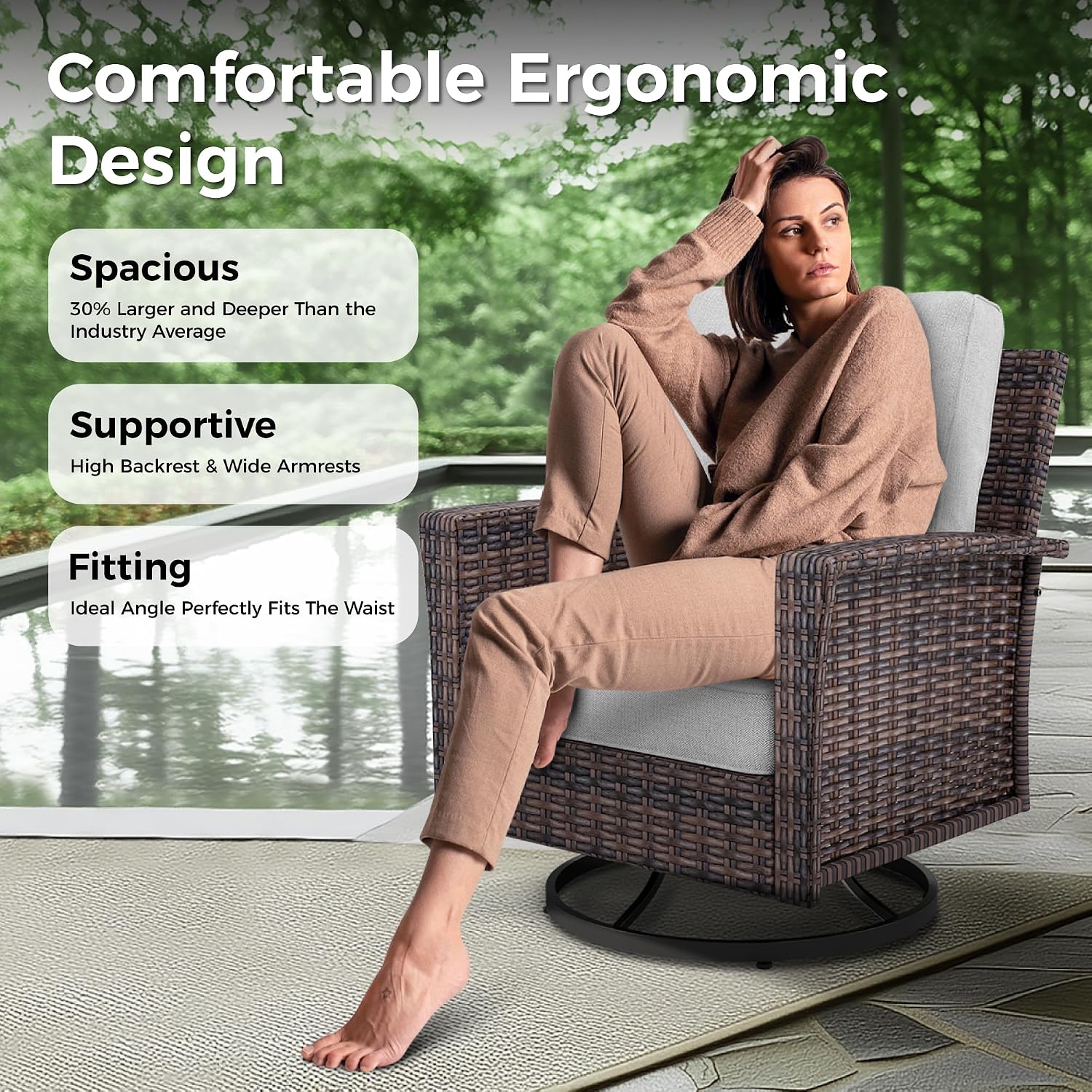 MIXPATIO Swivel Patio Wicker Chairs Set of 2, High Back Outdoor Swivel Patio Rattan Chairs with 5.5' Thick Cushions for Bistro Balcony Porch Deck and Yard, Light Grey