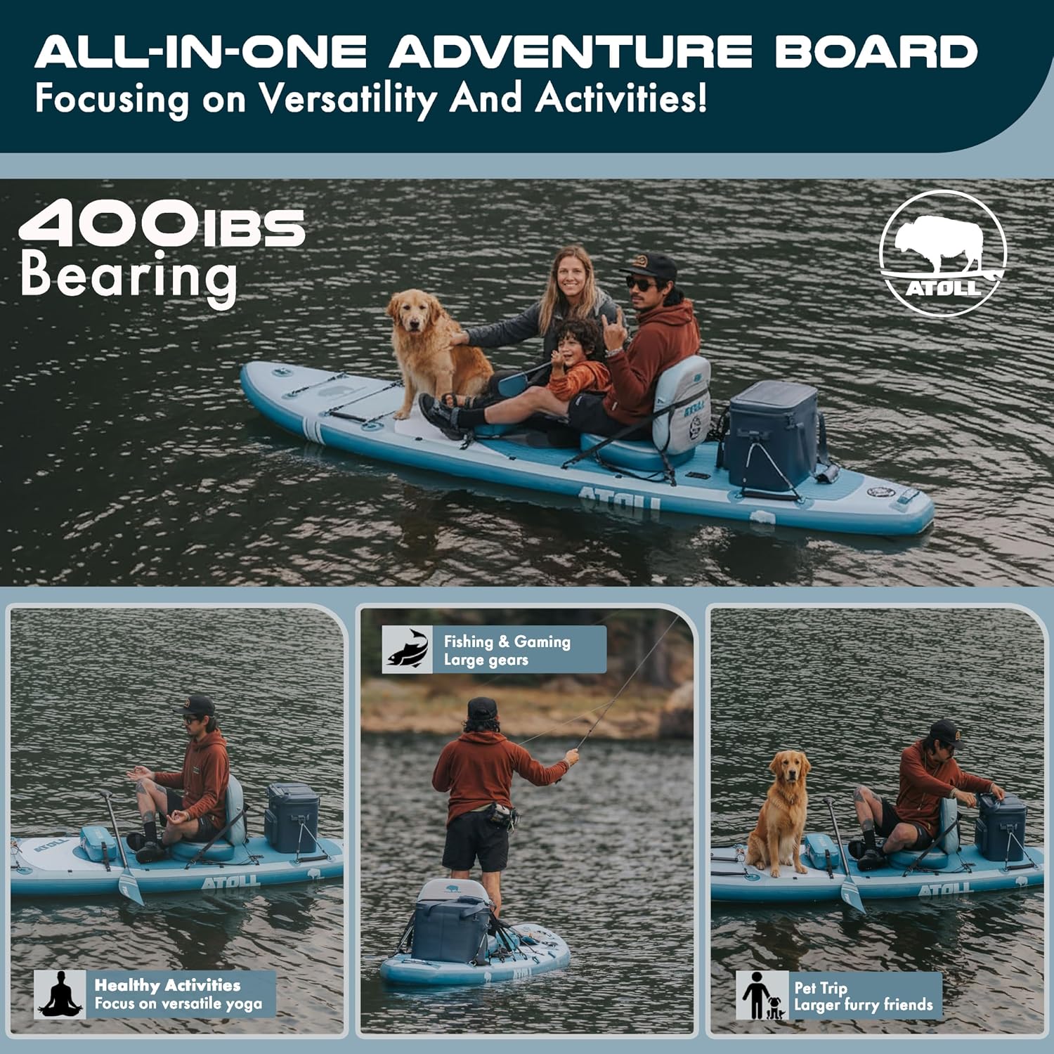 Atoll New 12ft Outrider Inflatable Stand Up Paddle Board | Extra Wide ISUP for Adults, Fishing, Touring & All Adventures | Stable 34' Paddle Board with Accessories, Dual Layer PVC, 400lb Capacity