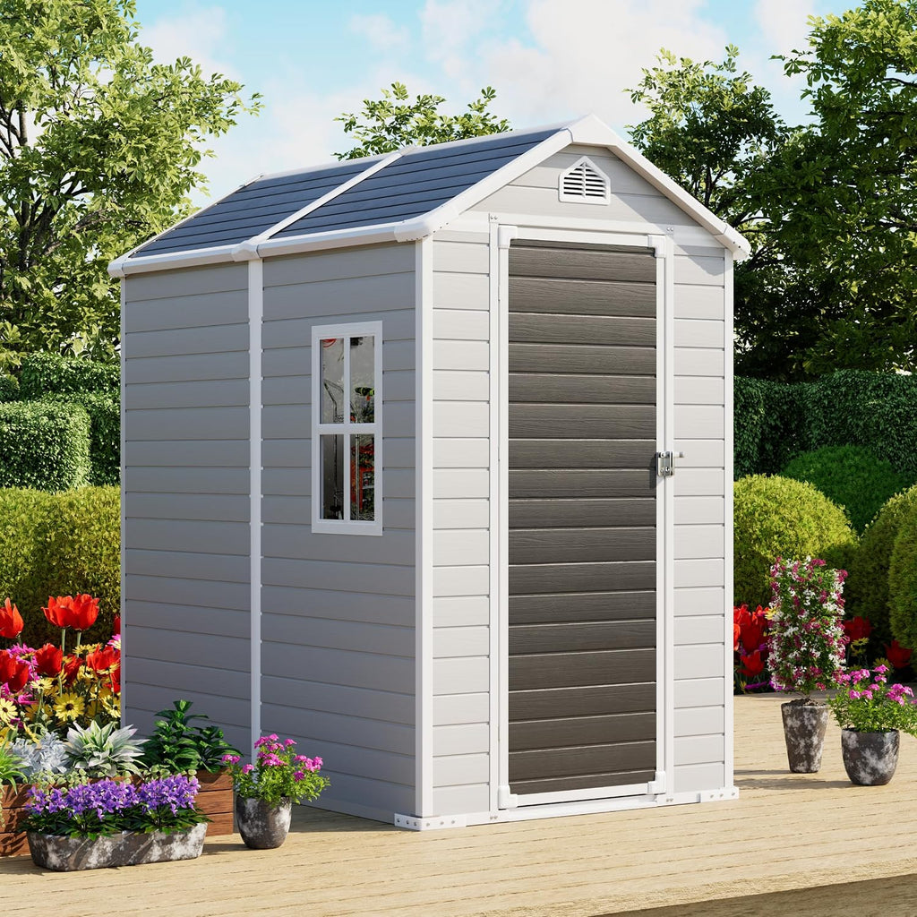 4x6 FT Outdoor Resin Storage Shed with Floor, Upgraded 21-Gauge Steel Frame & 16mm Ultra-Thick Double-Layer Panels, Compact Garden Tool House with Flexible Window & Lockable Door for Patio, Backyard